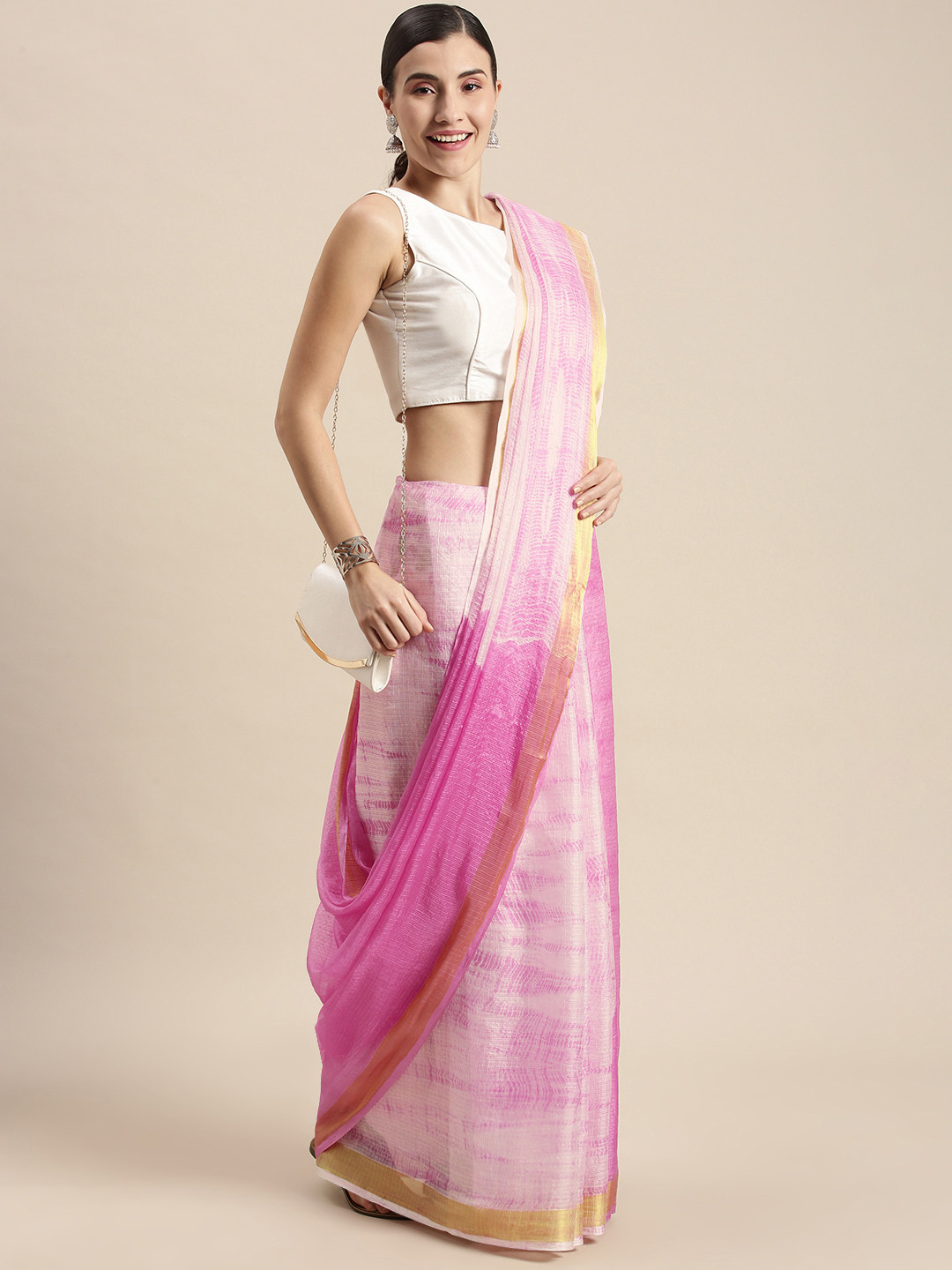 Geroo Jaipur Pink & White Tie and Dye Art Silk Bandhani Saree
