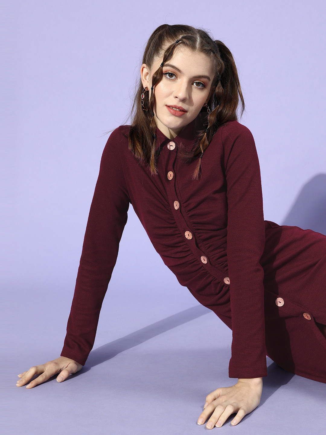 KASSUALLY Burgundy Solid Knitted Dress