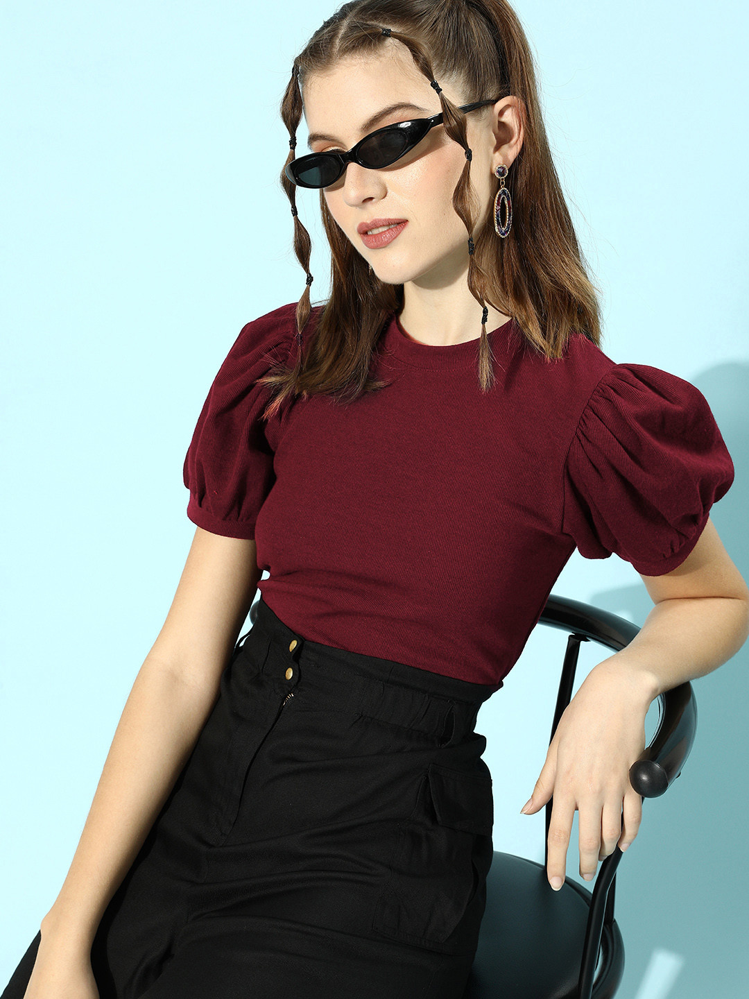 KASSUALLY Burgundy Solid Knitted Top