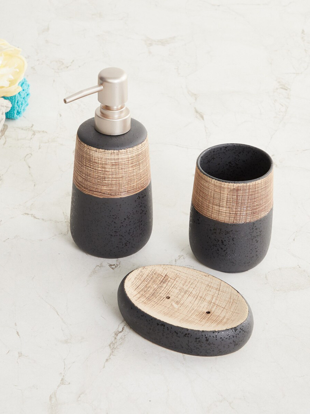 Home Centre Set Of 3 Black & Brown Patterned Ceramic Bathroom Accessories