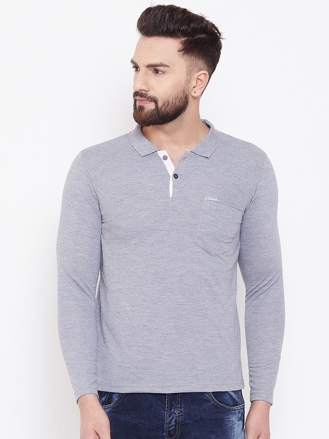 Adobe Men Grey Polo Collar Chest Pocket T-shirt