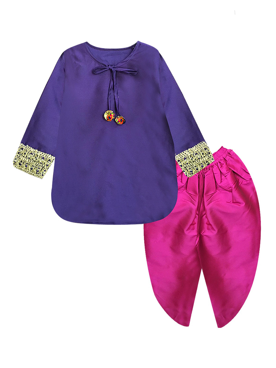 A.T.U.N. Girls Purple Solid Regular Thread Work Kurti with Dhoti Pants