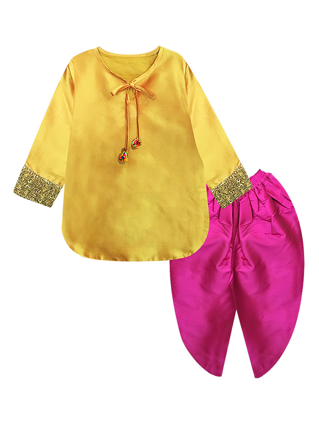 A T U N Girls Yellow & Pink Regular Kurta with Dhoti Pants