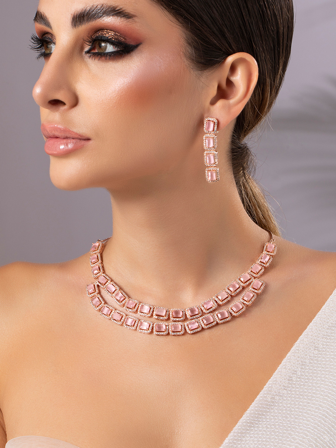 Rubans 22K Rose Gold-Plated Pink Gemstones & CZ Studded Handcrafted Jewellery Set