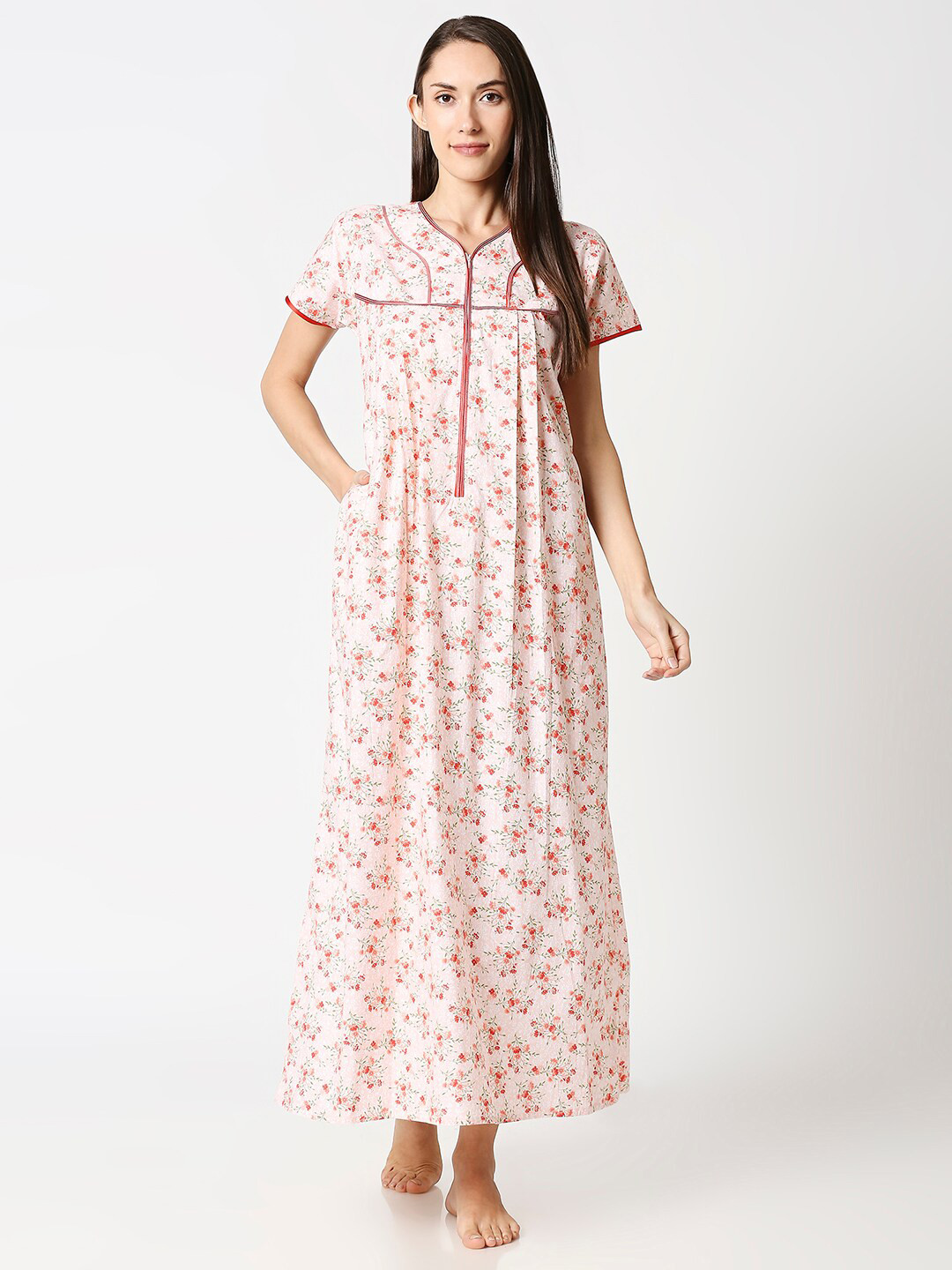 AV2 Peach-Coloured Printed Pure Cotton Maxi Nightdress