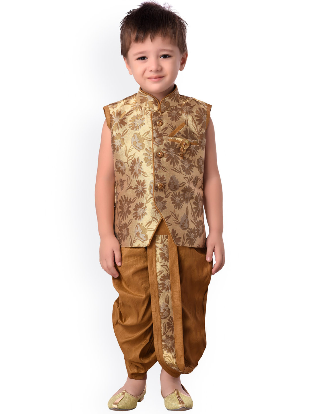 Jeetethnics Boys Beige & Brown Floral Woven Design Regular Kurta with Dhoti Pants