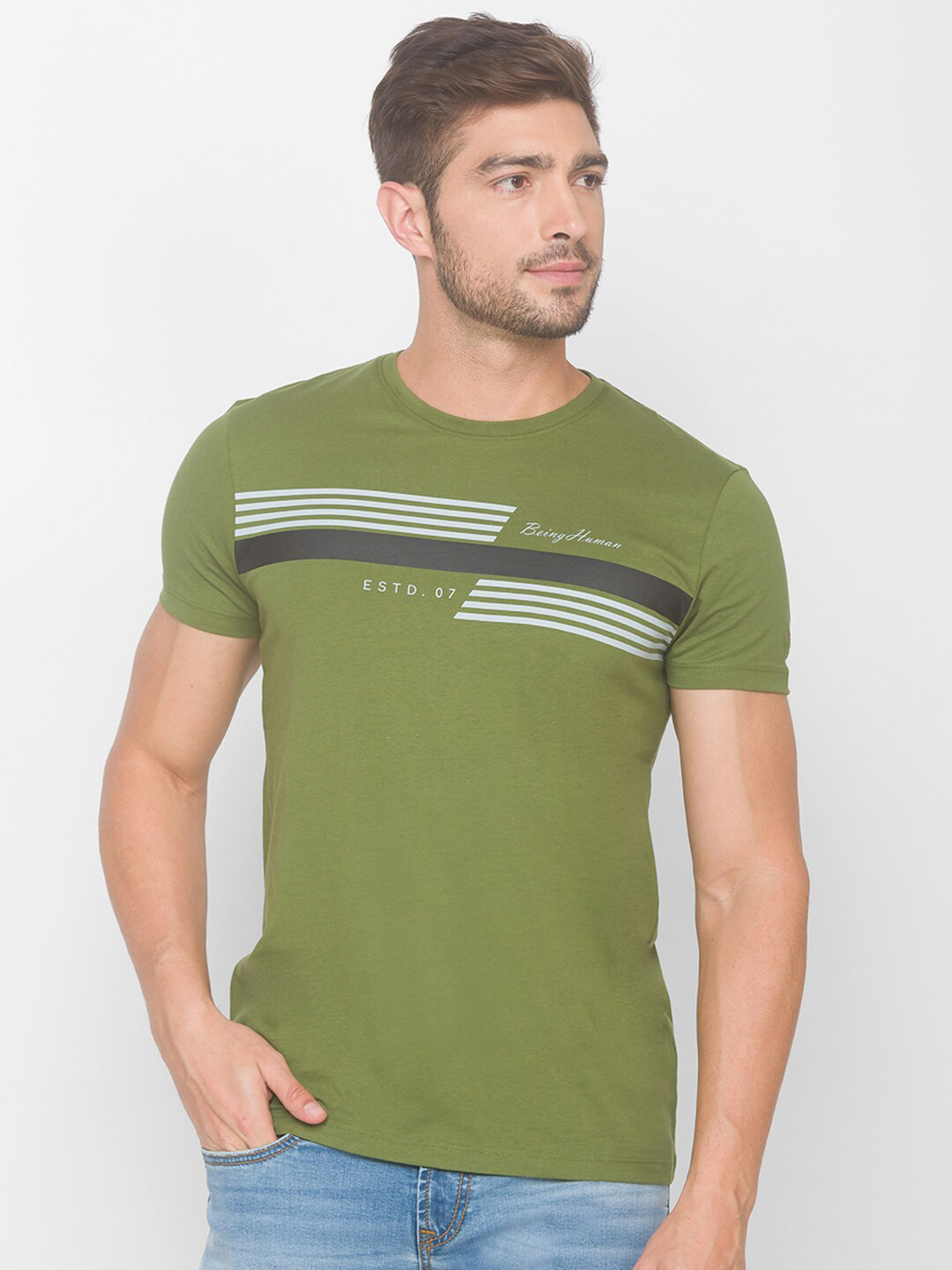 Being Human Men Olive Green & White Brand Logo Printed Cotton T-shirt