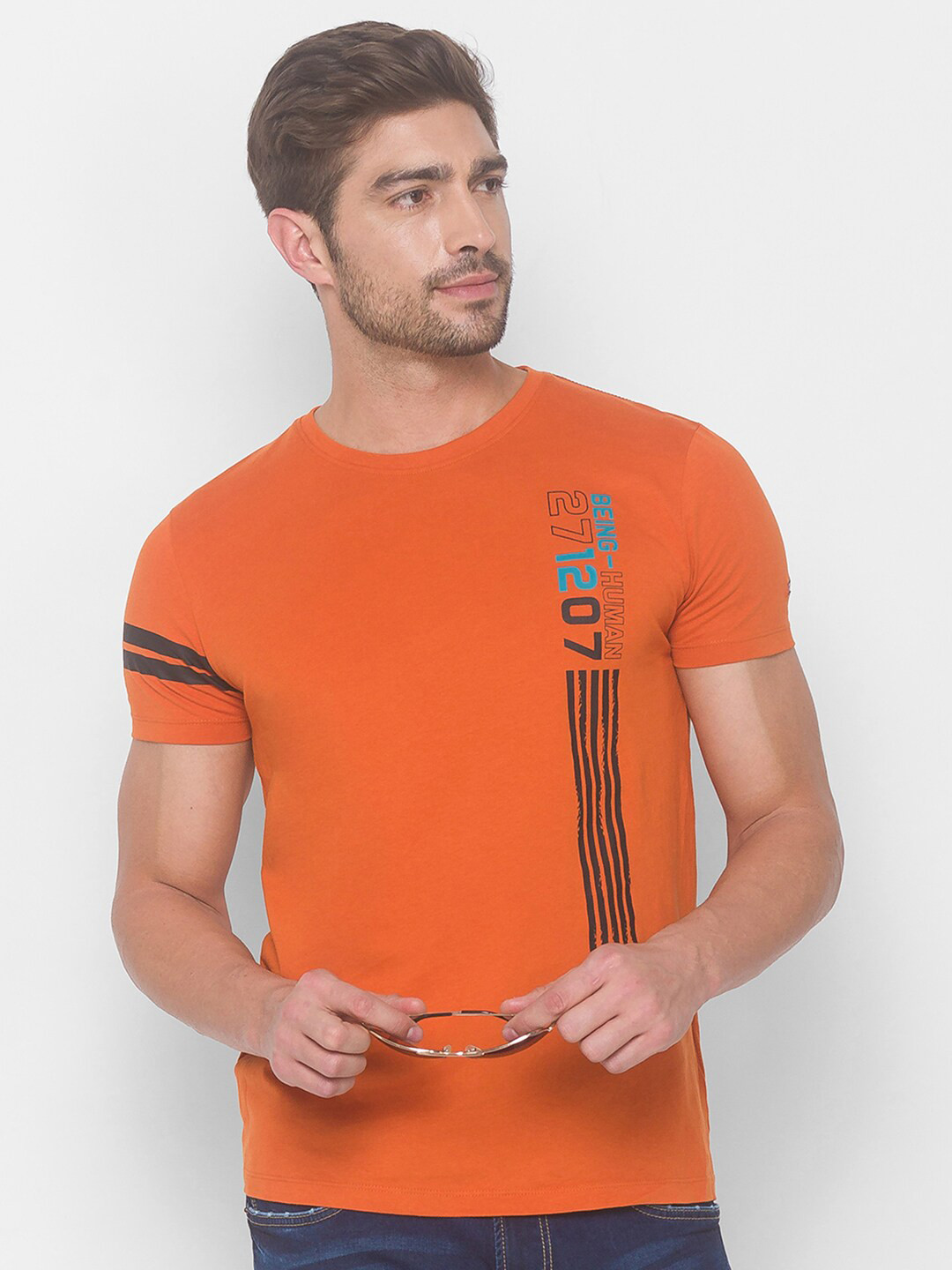 Being Human Men Rust Orange Typography Printed Cotton T-shirt