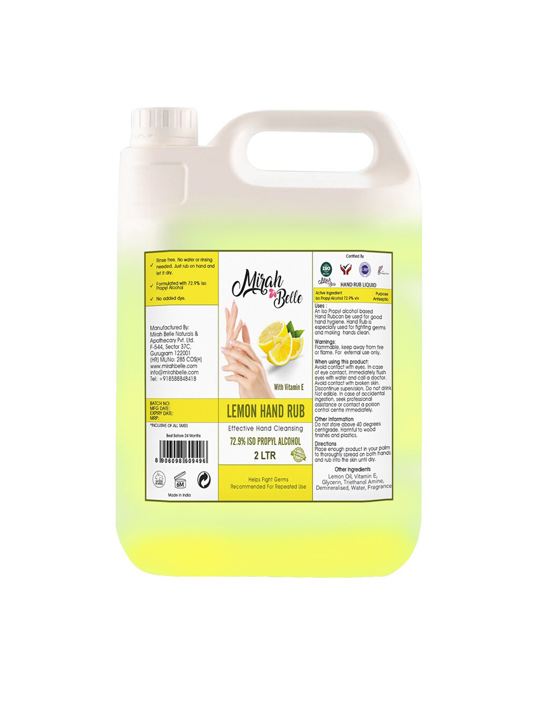 Mirah Belle Yellow Lemon Hand Rub Sanitizer Liquid with Vitamin E 2000 ml