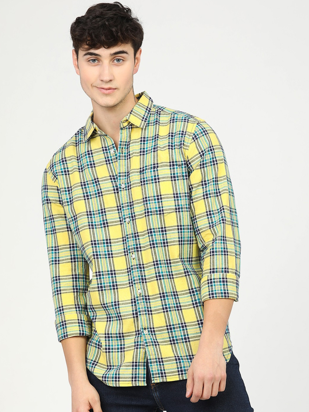 HIGHLANDER Men Yellow Slim Fit Tartan Checks Opaque Checked Casual Shirt