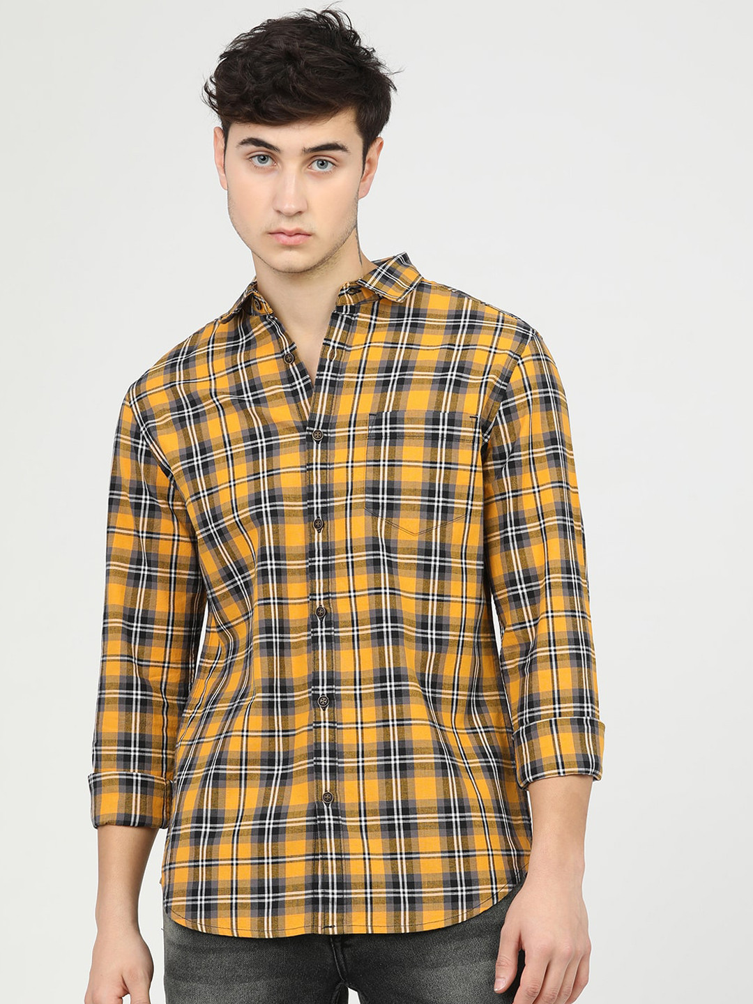 HIGHLANDER Men Yellow Slim Fit Tartan Checks Opaque Checked Casual Shirt