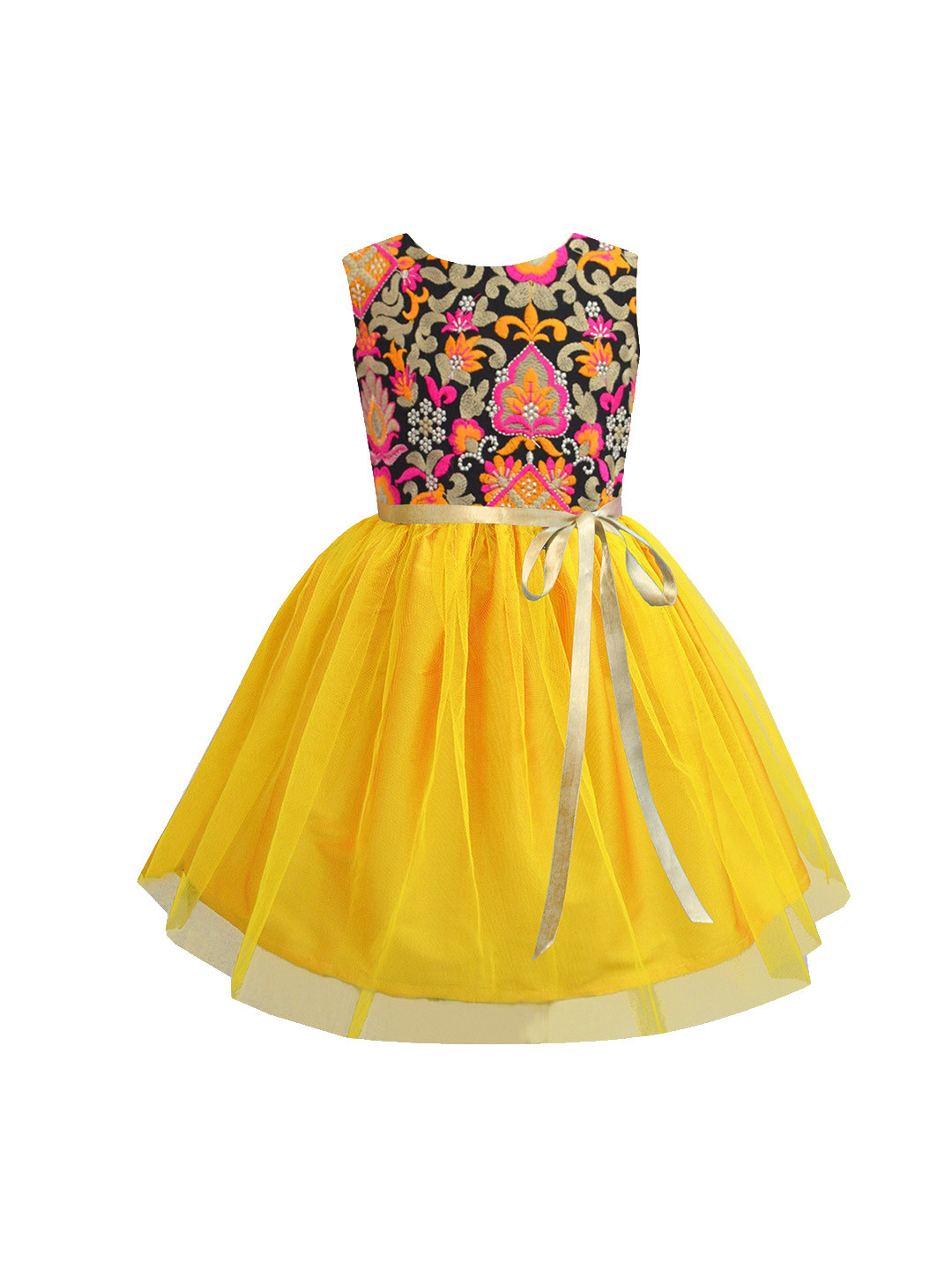 A T U N Mustard Yellow Floral Embroidered Net Dress