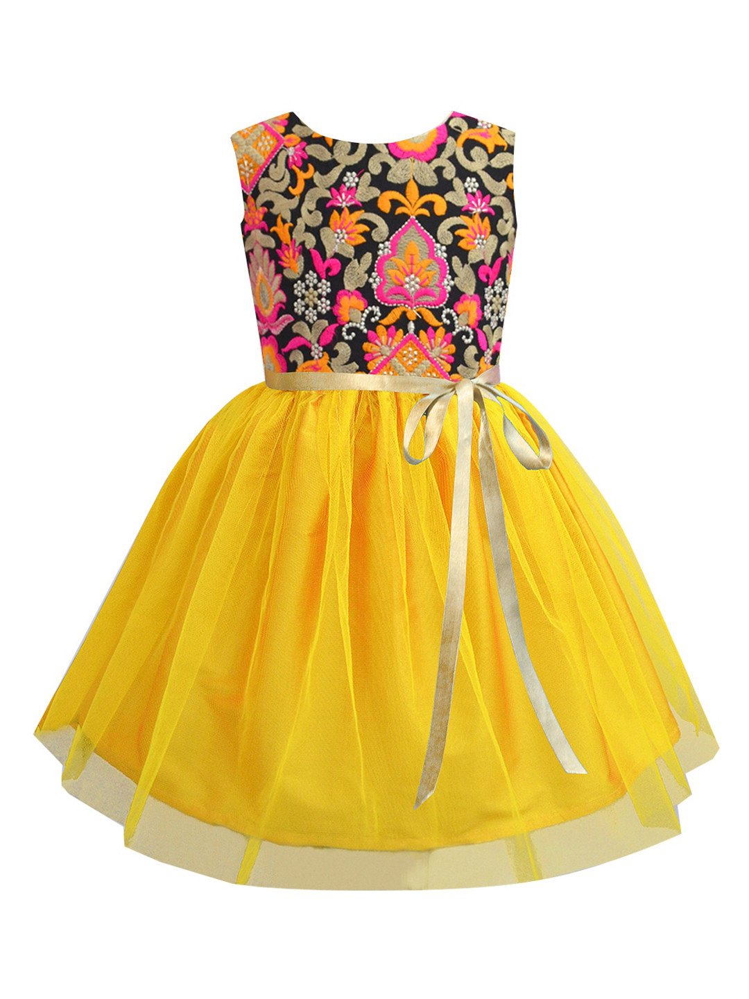 A T U N Mustard Yellow Floral Net Dress
