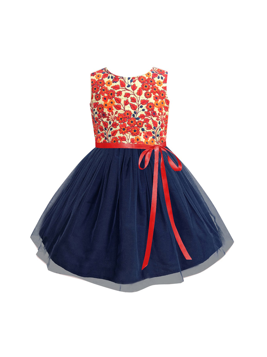 A T U N Navy Blue Floral Net Dress