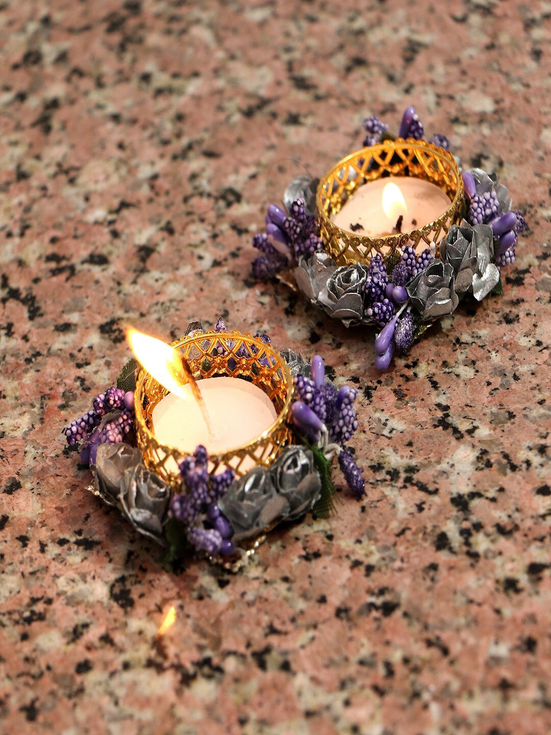 PASSION PETALS Gold-Toned & Blue Floral Embellished Tea Light Candle Holder With Led Candles