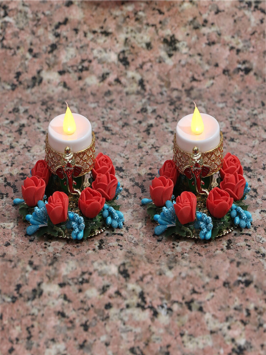 PASSION PETALS Set Of 2 Red & Blue Floral Candle Holders