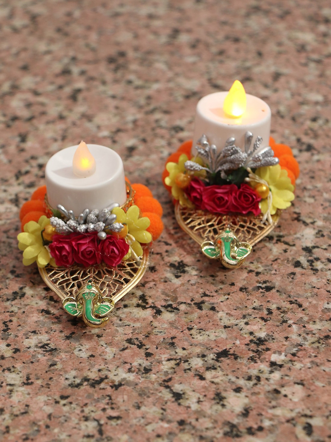 PASSION PETALS Set Of 2 Orange & Yellow Floral Candle Holders