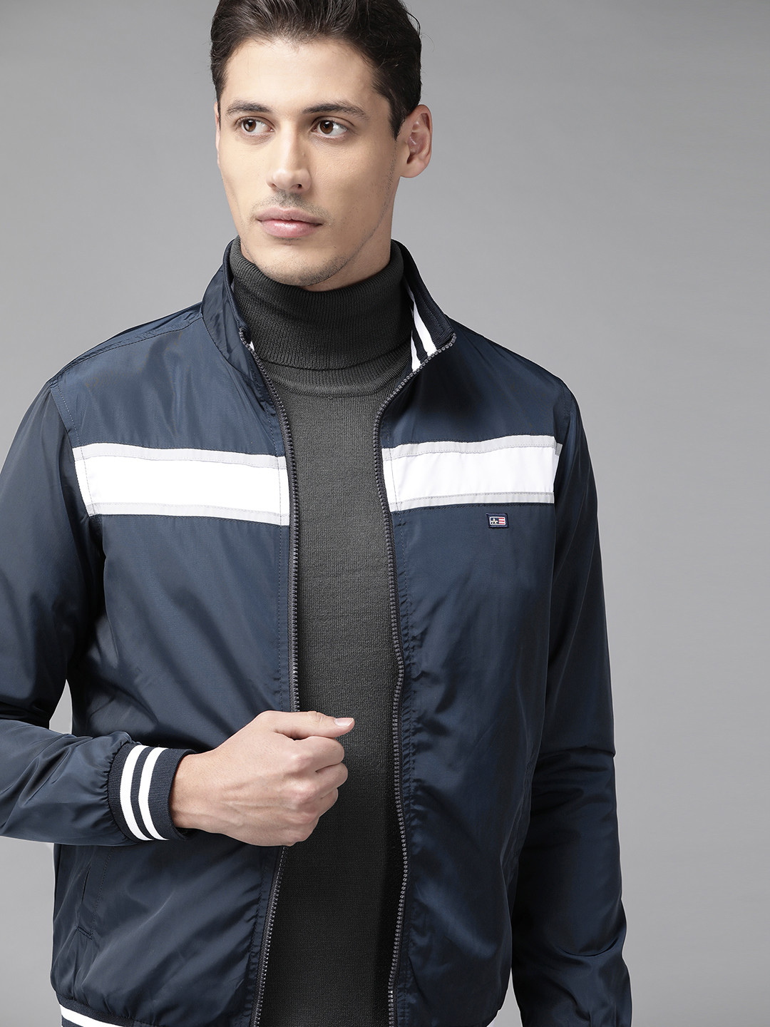 Arrow Men Navy Blue & White Bomber Jacket