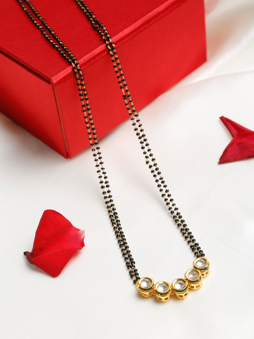 Ruby Raang Black Gold-Plated Beaded & White Kundan Studded Mangalsutra