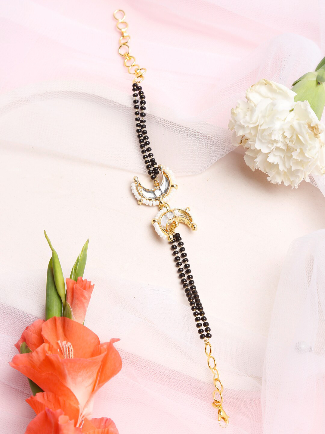 Ruby Raang Black & Gold-Toned Kundan Bracelet Mangalsutra