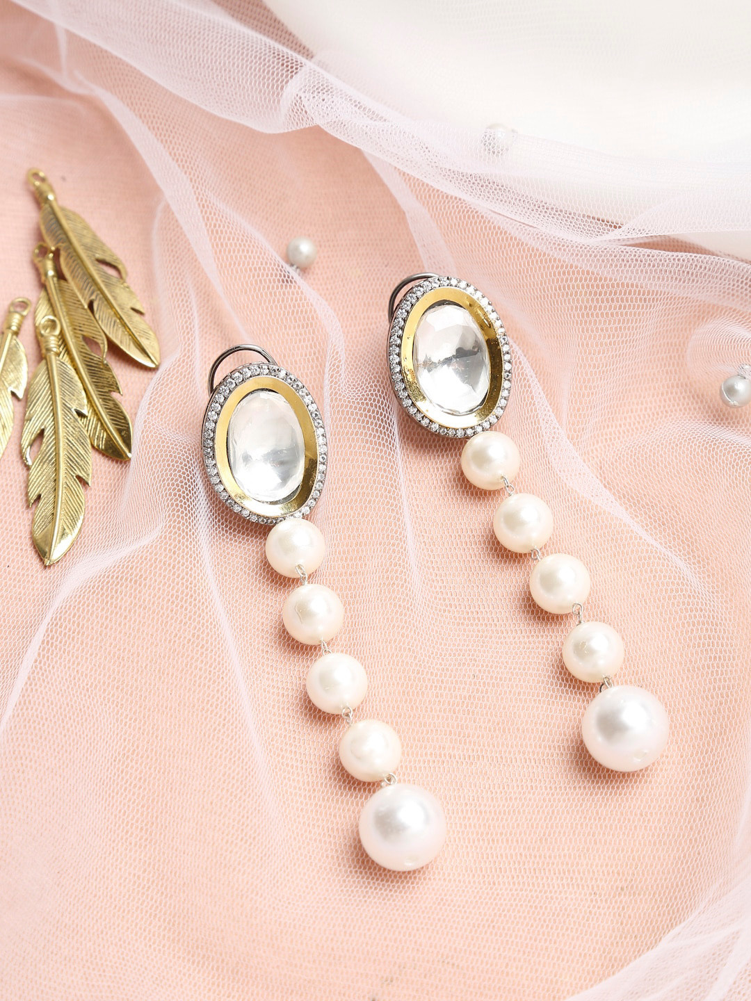 Ruby Raang White Kundan Studded & Pearls Drop Earrings