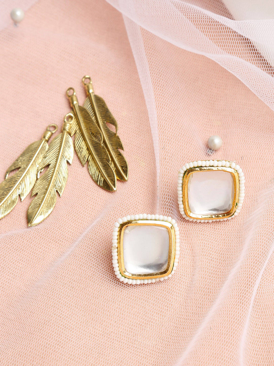 Ruby Raang White Artificial Stone & Beads Studded Contemporary Studs Earrings