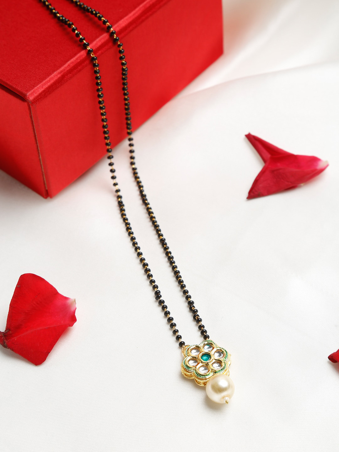 Ruby Raang Women Black Gold Plated Kundan Mangalsutra