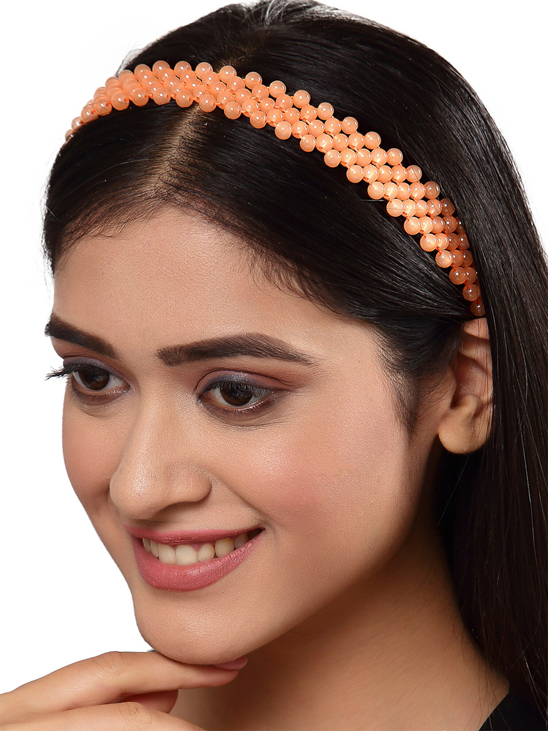 KARATCART Women Peach Beaded Jaal Hairband
