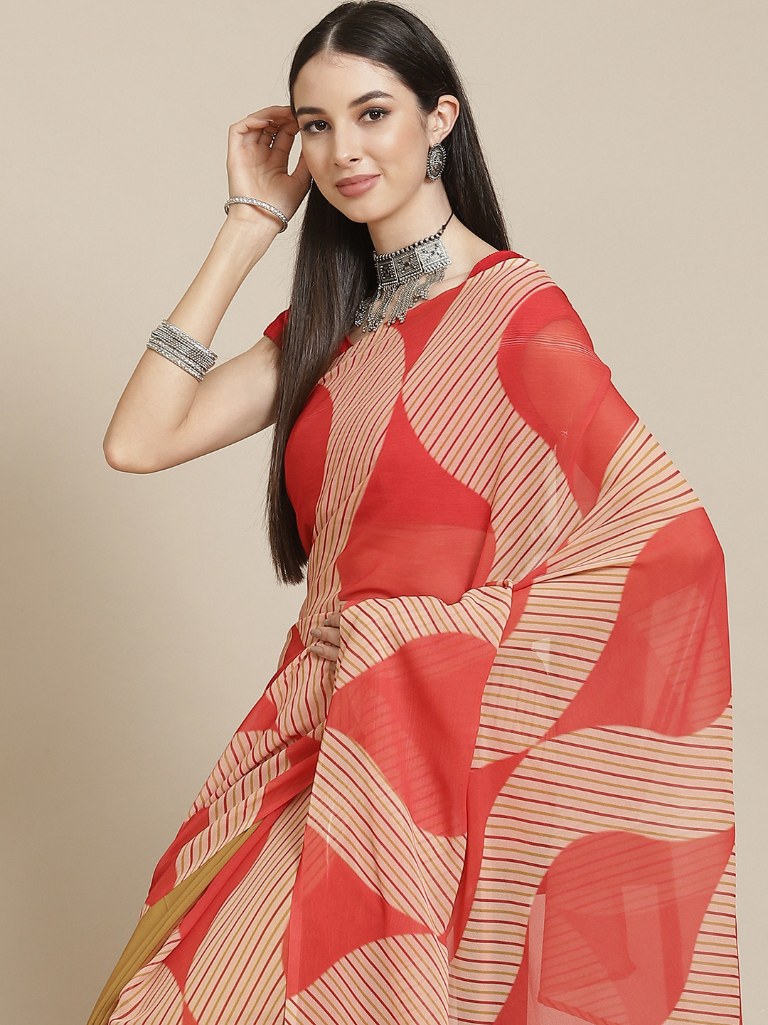 Anouk Red & Beige Printed Saree