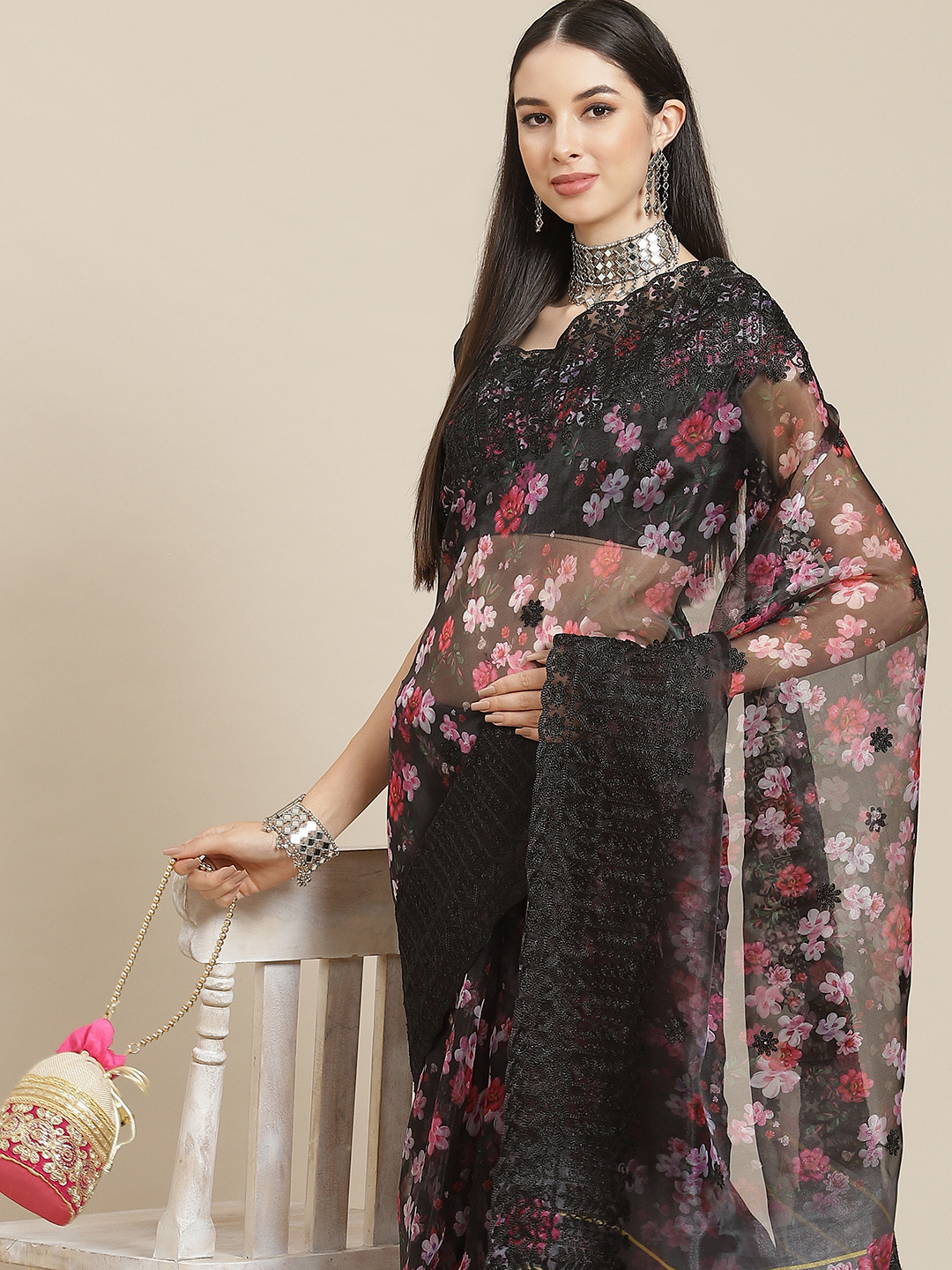 Anouk Black Floral Organza Saree
