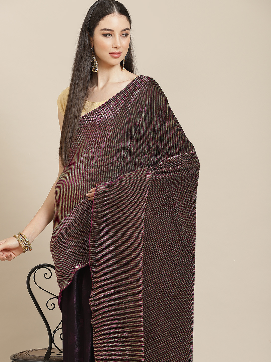 Anouk Brown Floral Accordion Pleated Saree