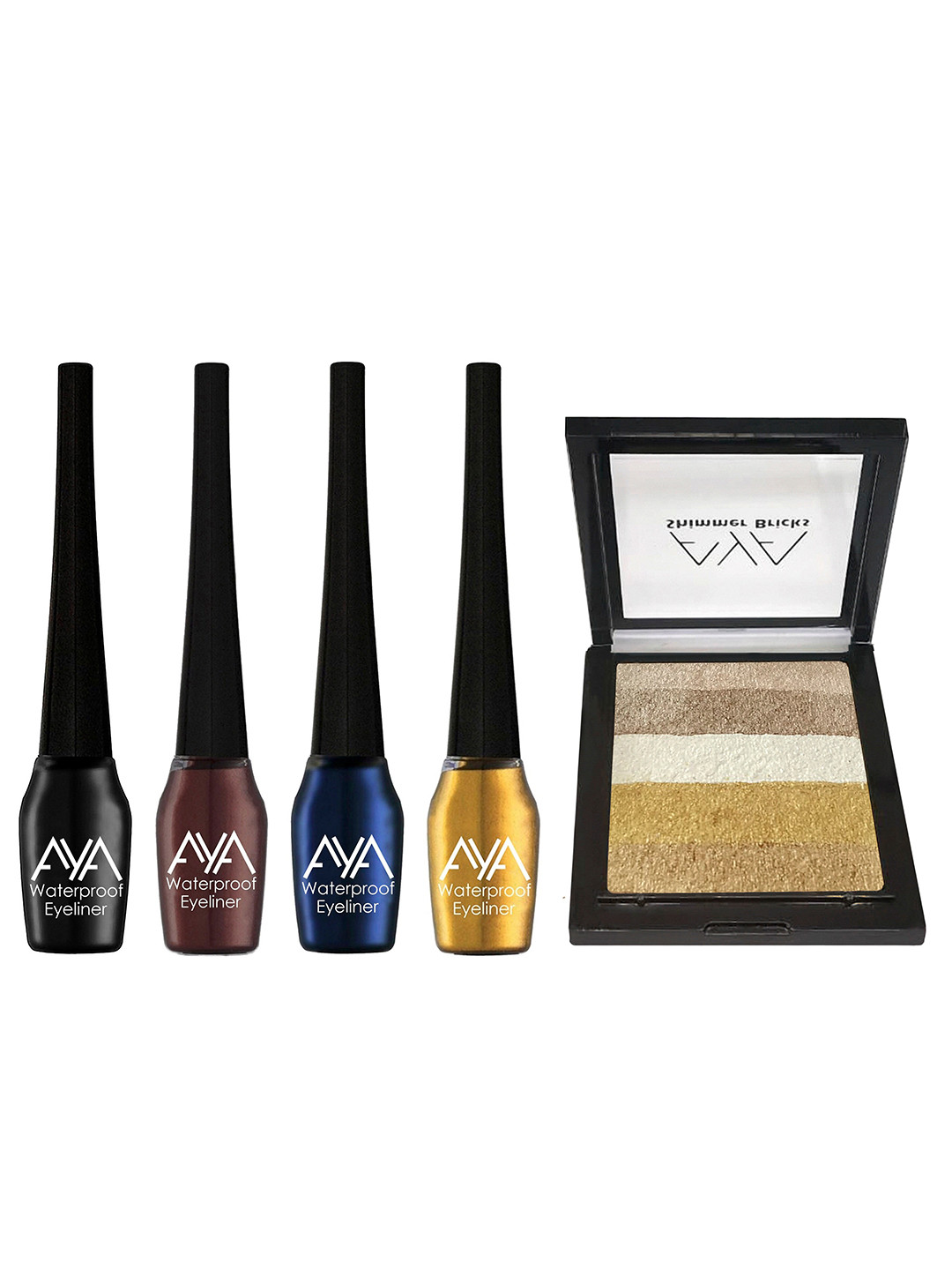 AYA Waterproof Liquid Eyeliner Set of 4-5 ml each &  Shimmer Brick Highlighter