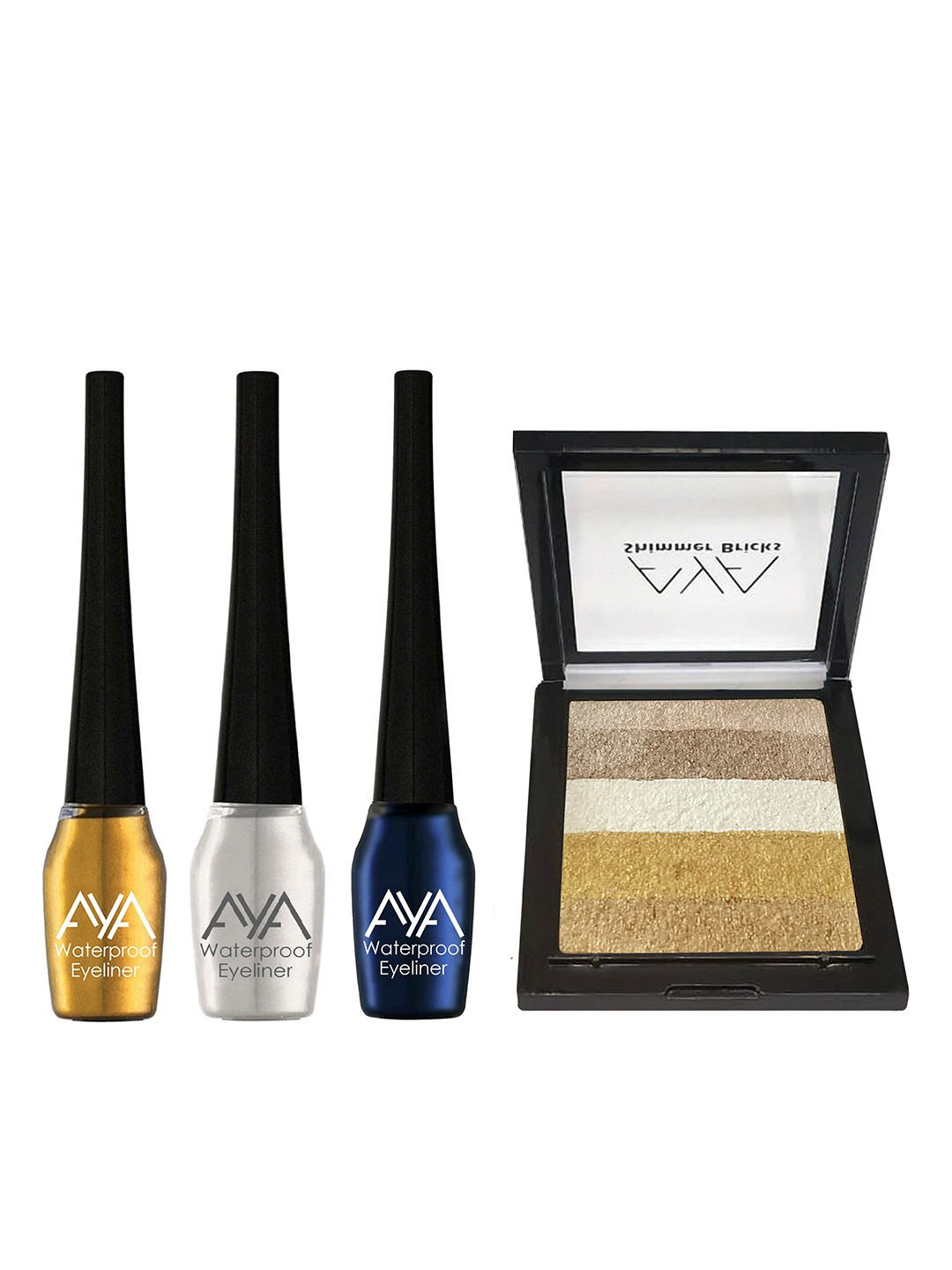 AYA Set of 3 Waterproof Liquid Eyeliner 5ml Each & Shimmer Brick Highlighter 03