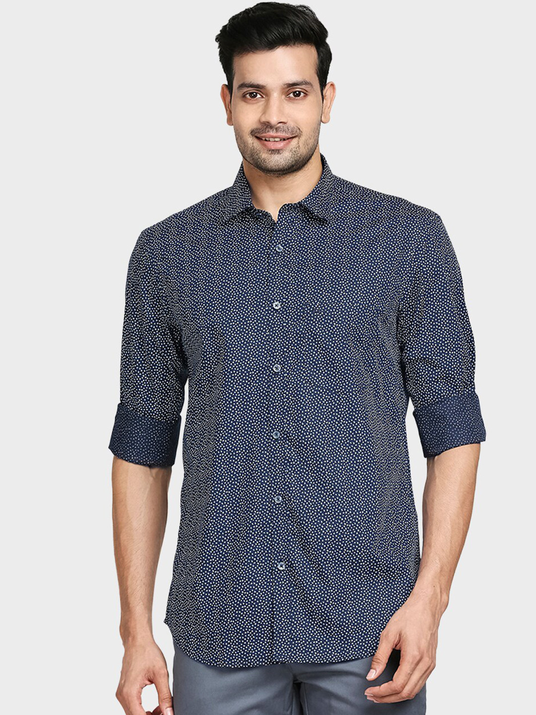 ColorPlus Men Blue Tailored Fit Opaque Printed Casual Shirt