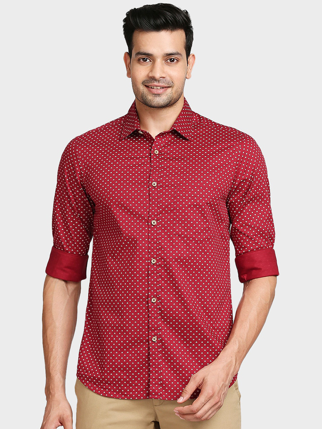 ColorPlus Men Red Tailored Fit Opaque Printed Casual Shirt