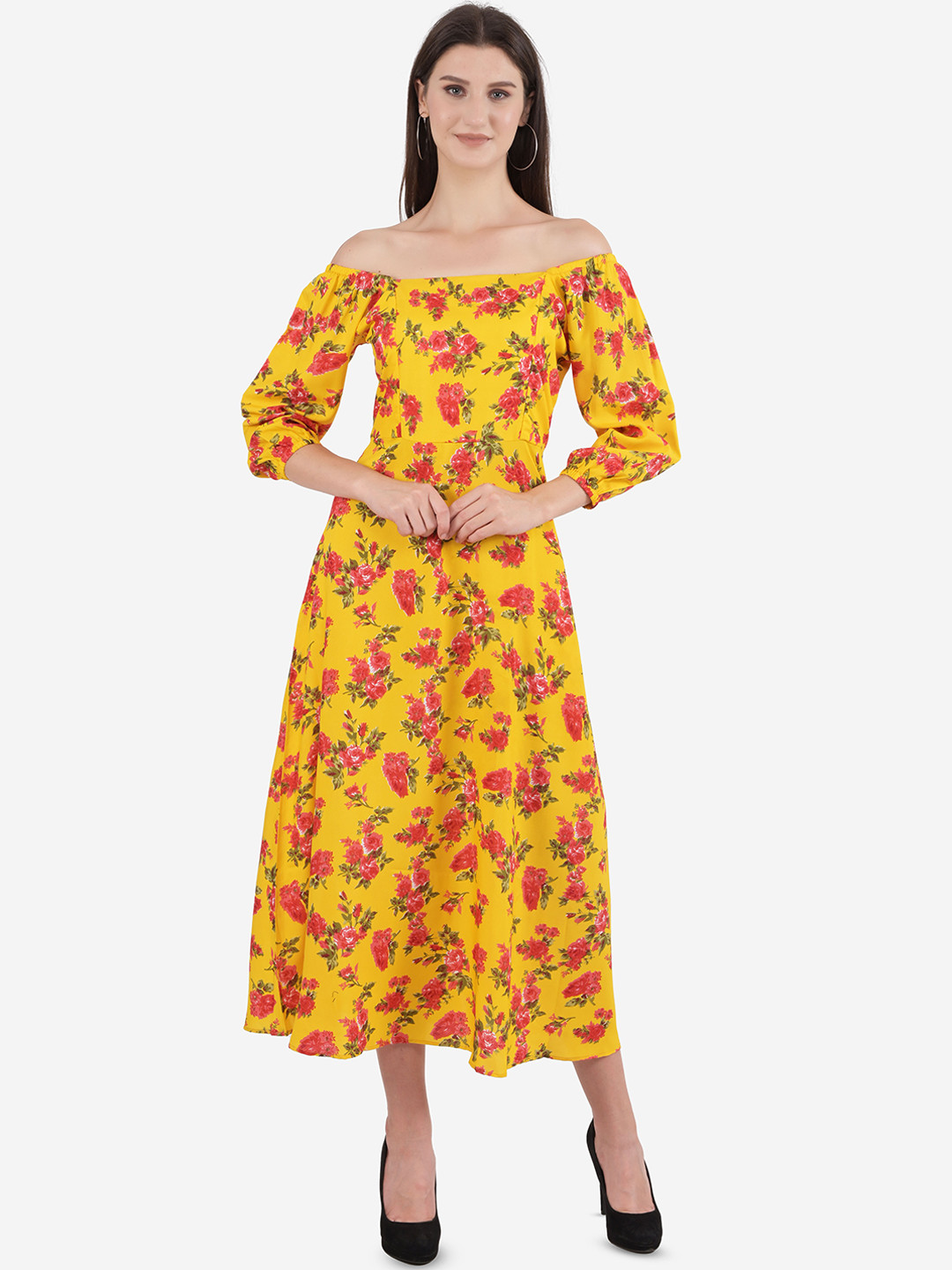 Ashnaina Yellow Floral Off-Shoulder Crepe Midi Dress