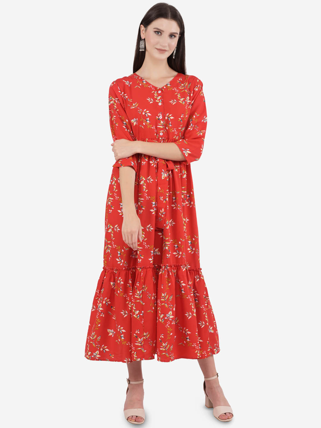 Ashnaina Red Floral Crepe Tiered Maxi Dress