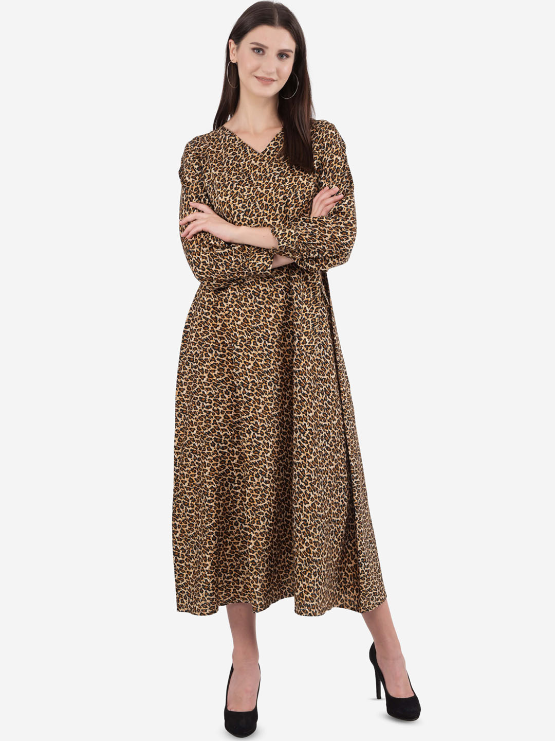 Ashnaina Women Brown Animal Midi Fit and Flare Dress