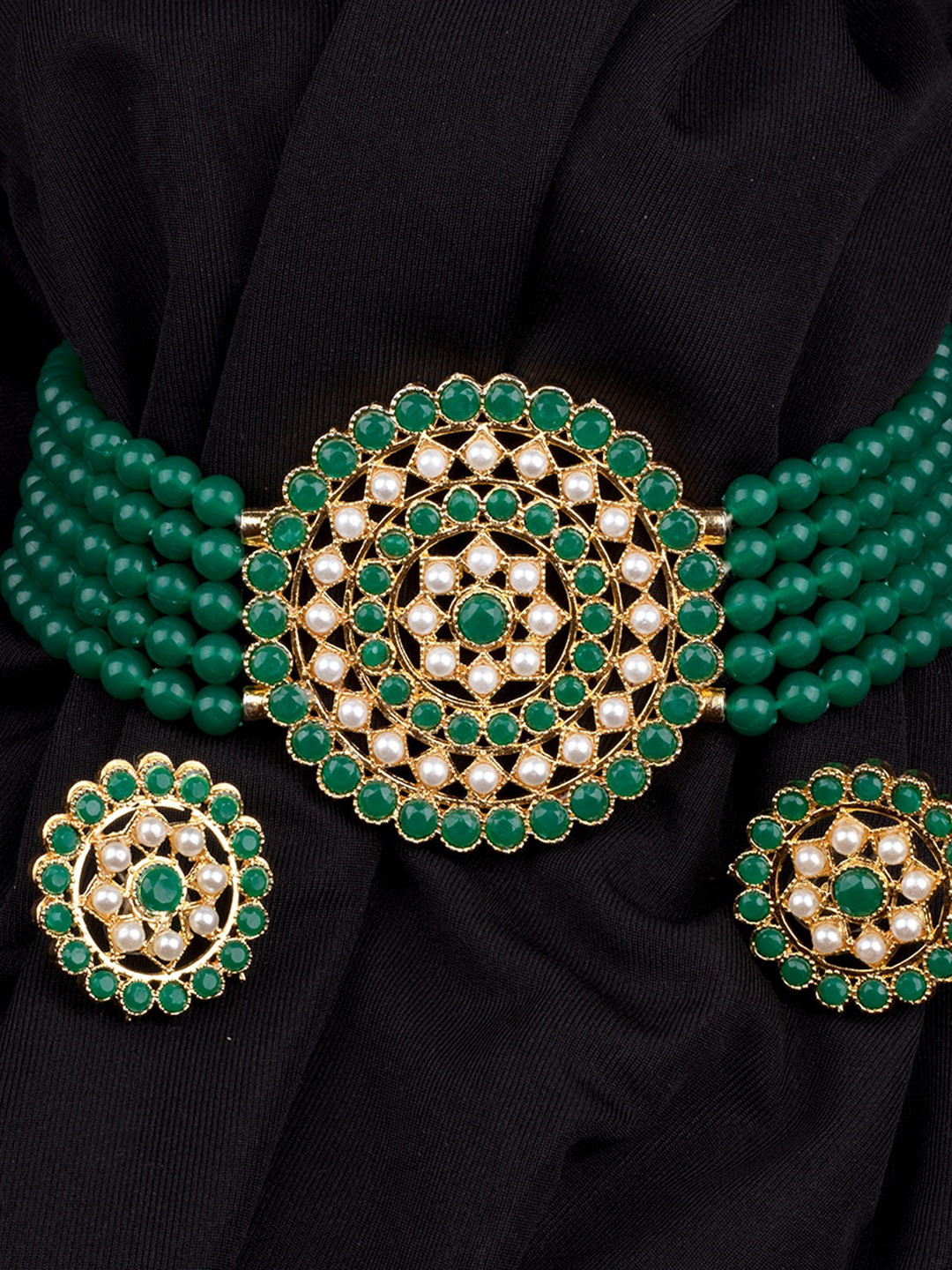 Mirraw Gold Plated Green & White Jewellery Set