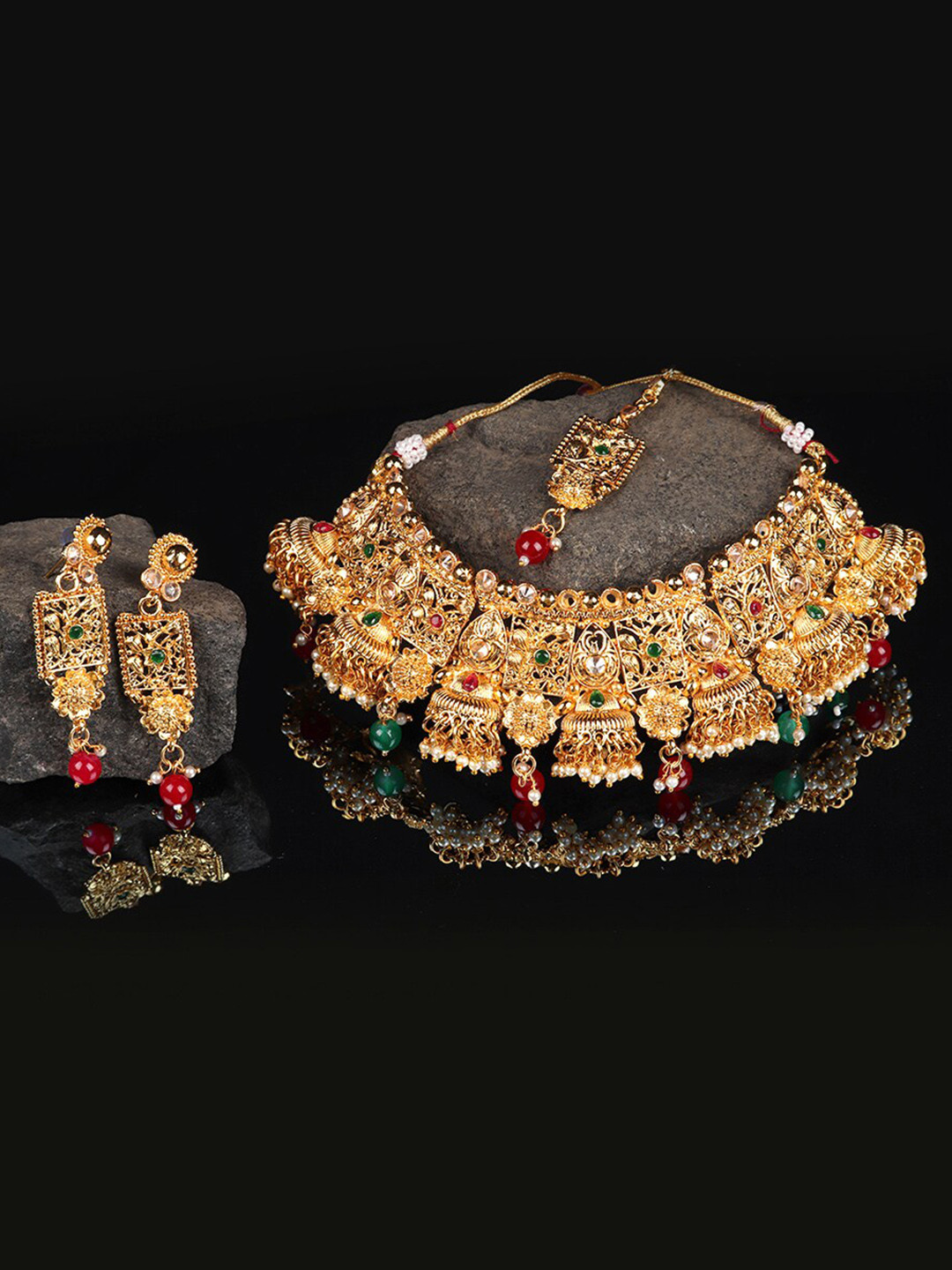 Mirraw Gold-Plated Green & Red Stone Studded & Beaded Jewellery Set