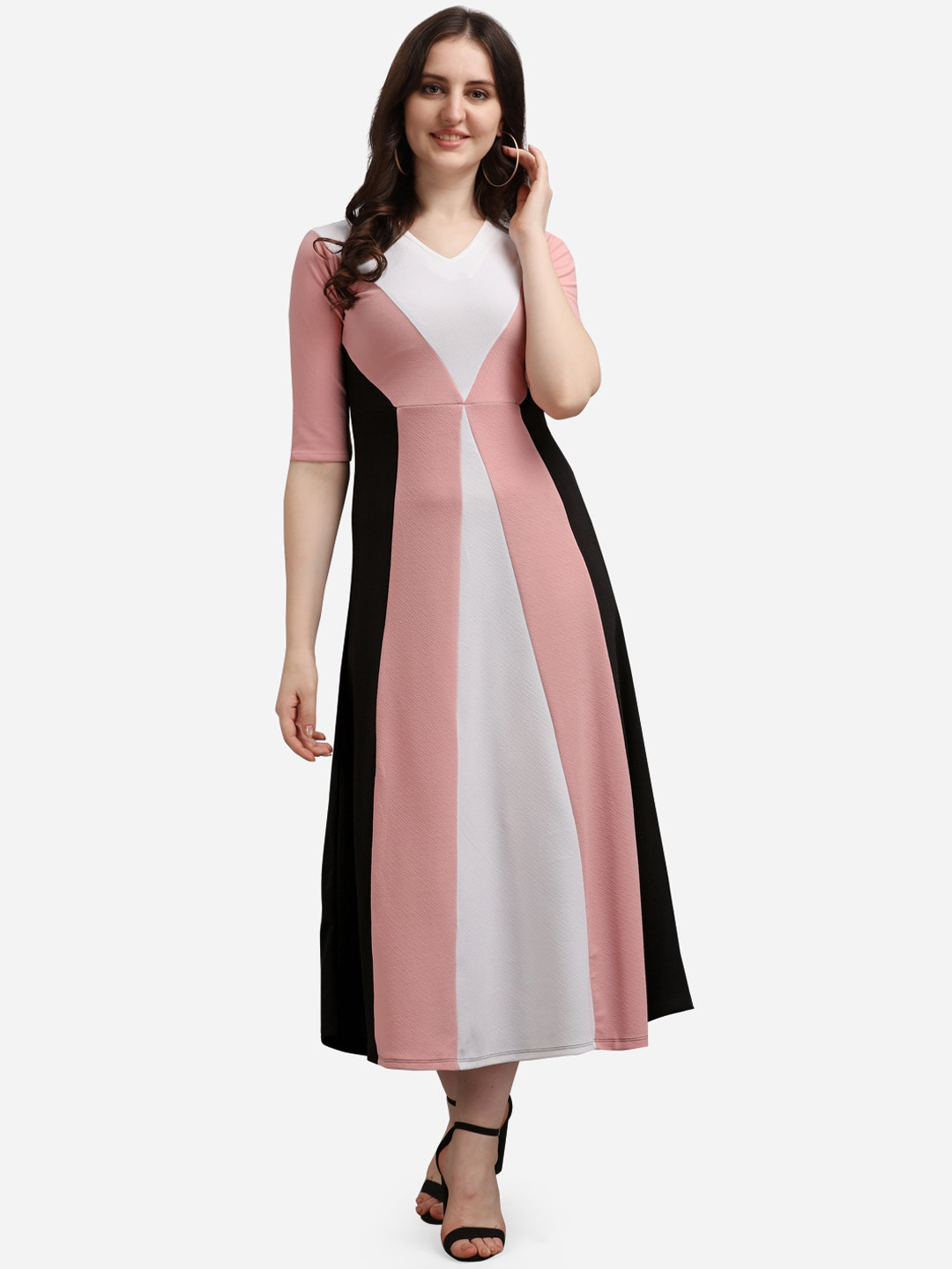 PURVAJA Peach-Coloured Colourblocked Midi Dress