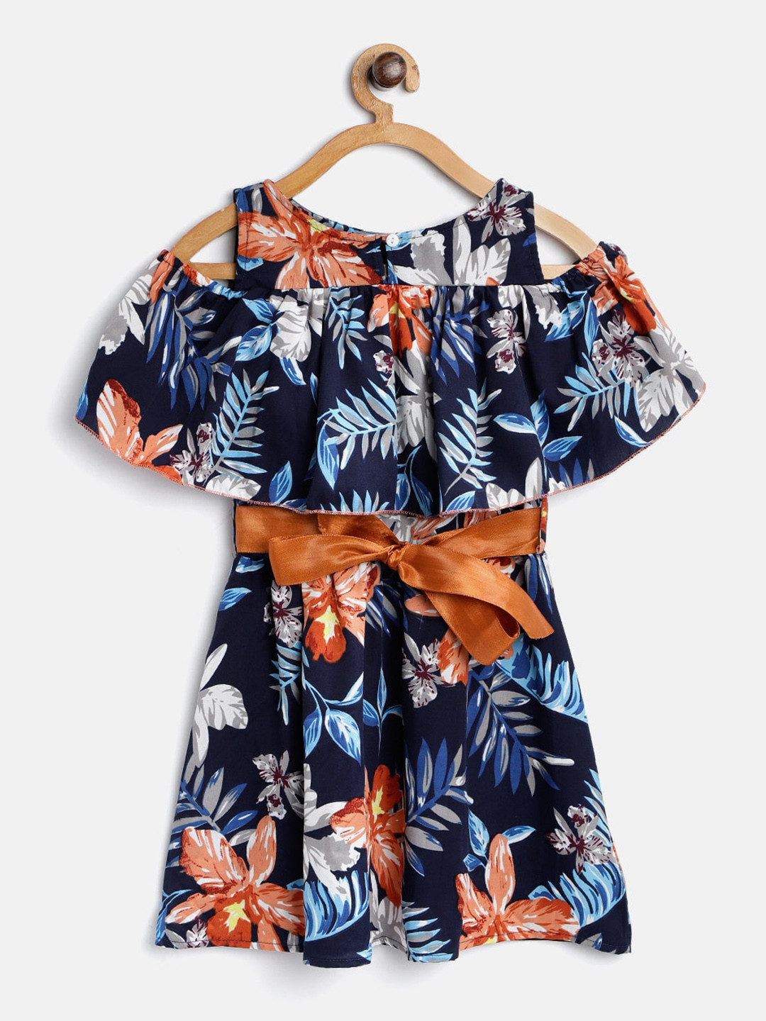 StyleStone Navy Blue Floral Printed Crepe Cold Shoulder Dress With Belt