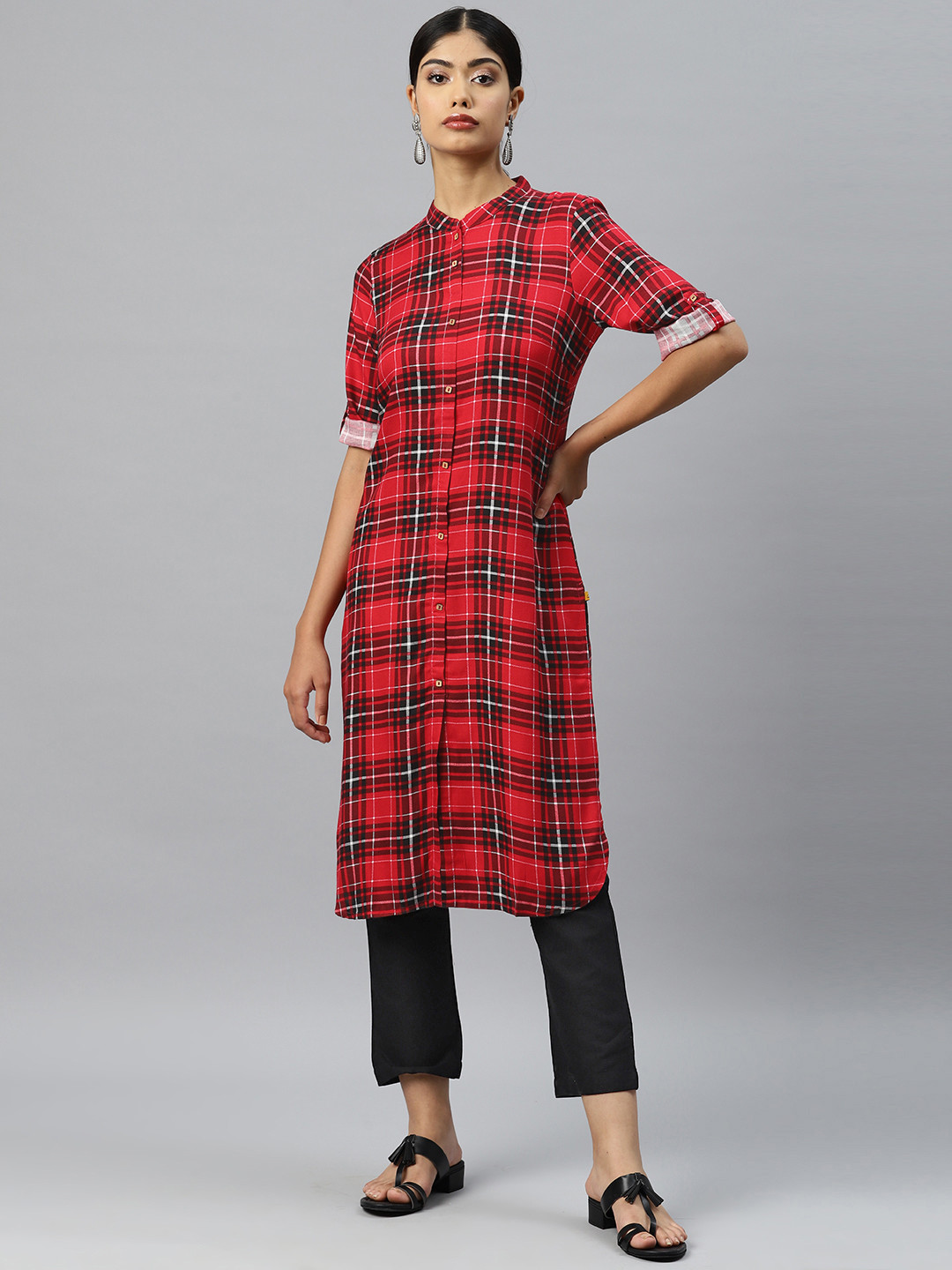 AURELIA Women Red Printed Regular Kurta with Trousers