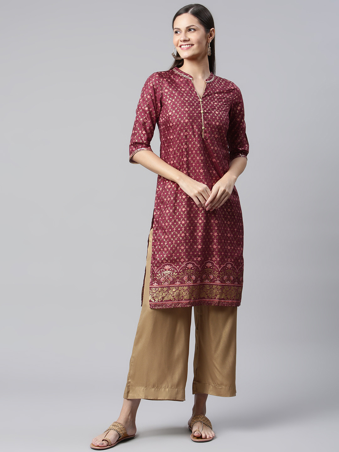 AURELIA Women Maroon & Gold-Toned Ethnic Motifs Printed Kurta