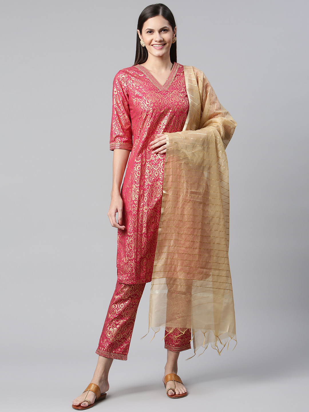 AURELIA Women Magenta Ethnic Motifs Self Design Sequin Detail Kurta with Trouser & Dupatta