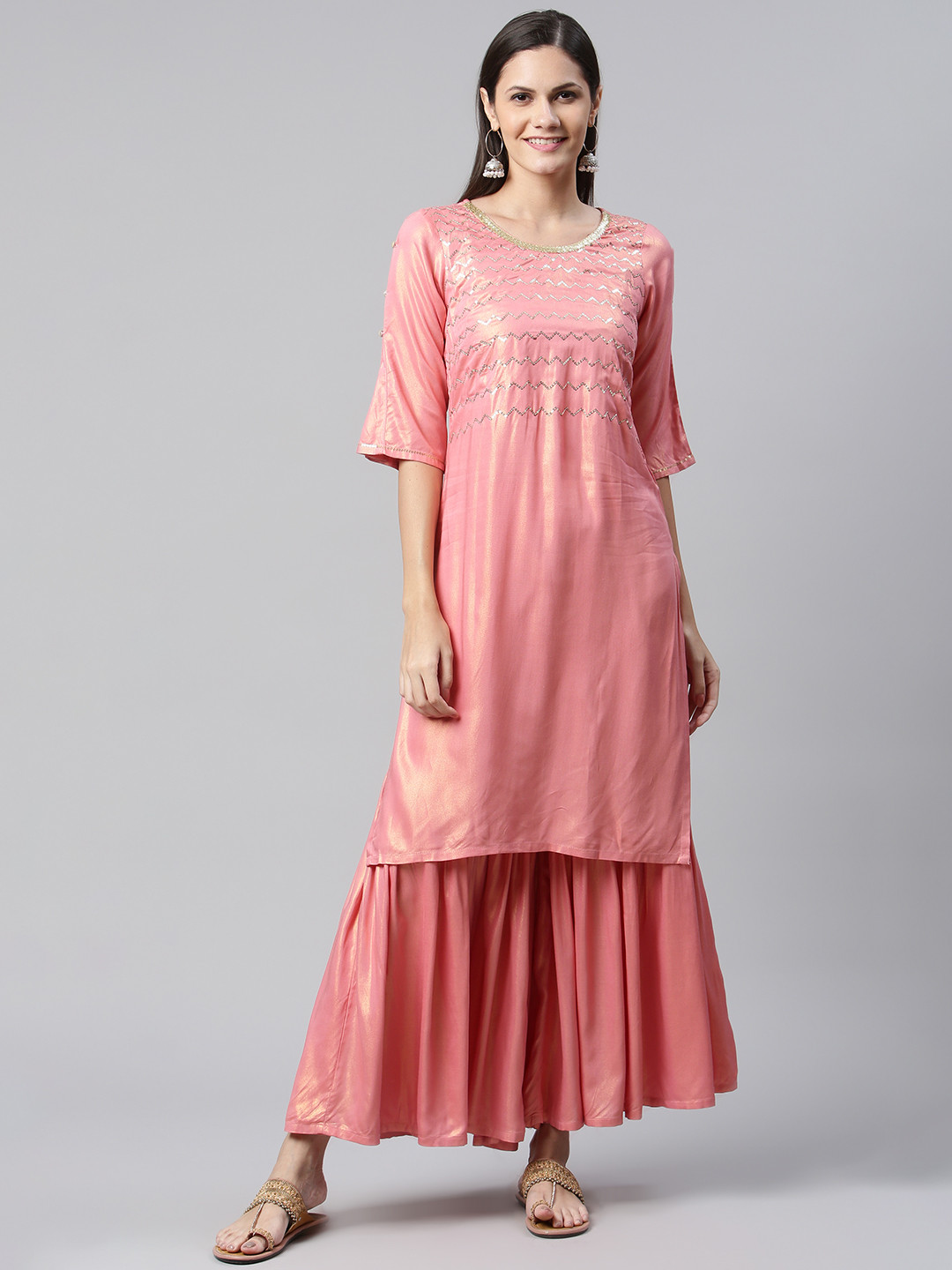AURELIA Women Pink Sequin Embroidered Kurta with Sharara