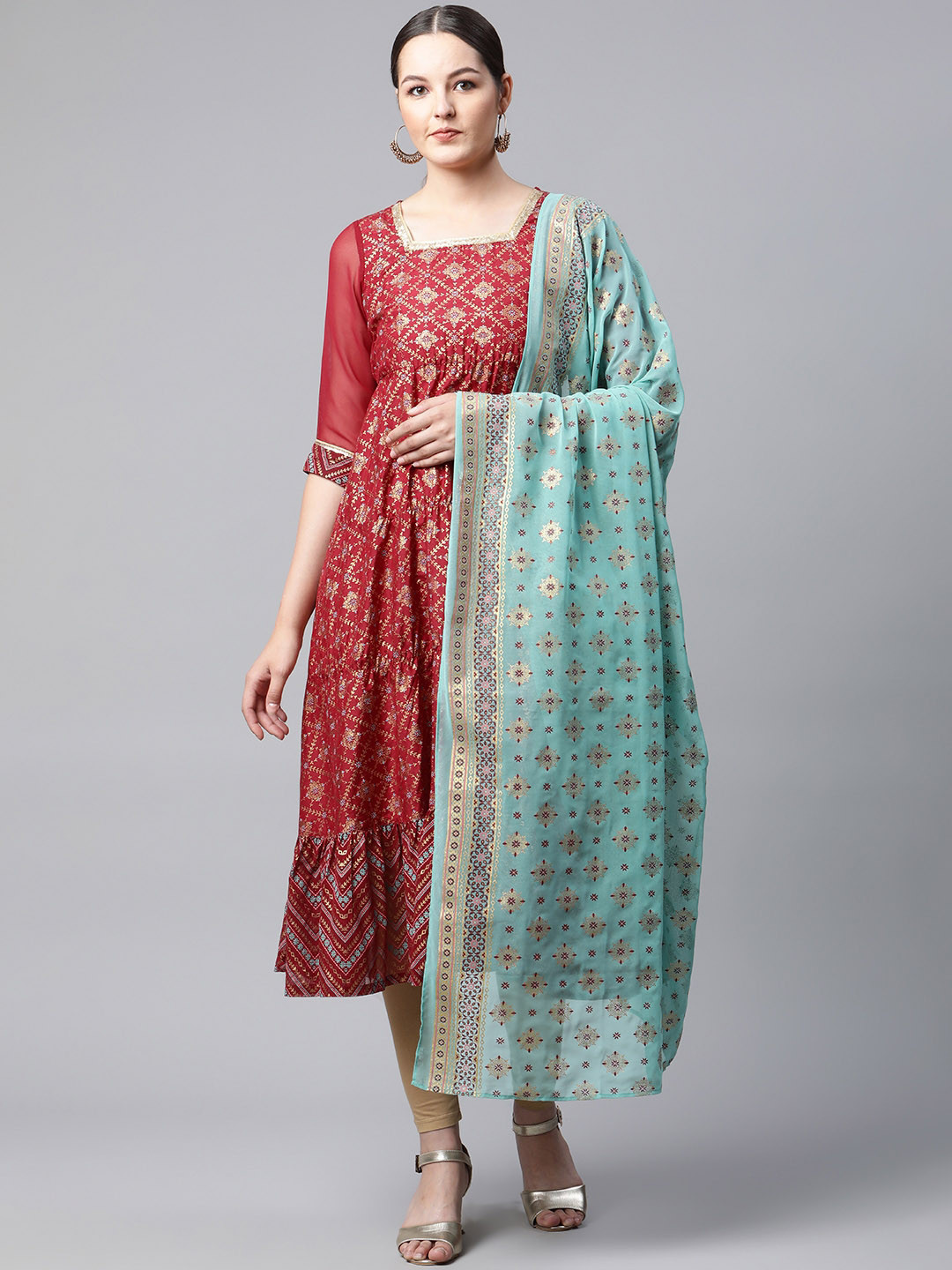 AURELIA Women Red Ethnic Motifs Printed Tiered Sequinned Kurta with Churidar & With Dupatta