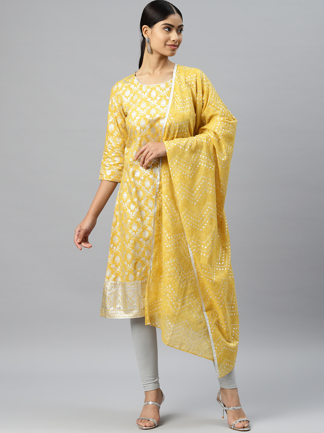 AURELIA Ethnic Motifs Foil Printed Kurta With Leggings & Dupatta