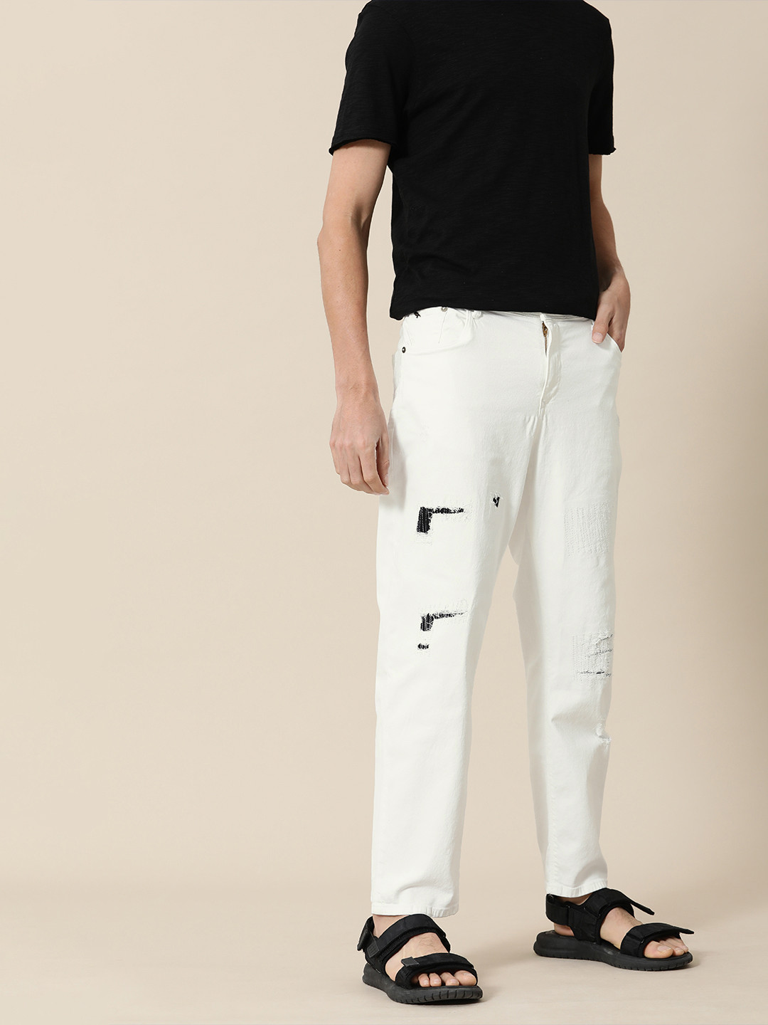 Mr Bowerbird Men White Tapered Fit Low Distress Mid-Rise Stretchable Jeans