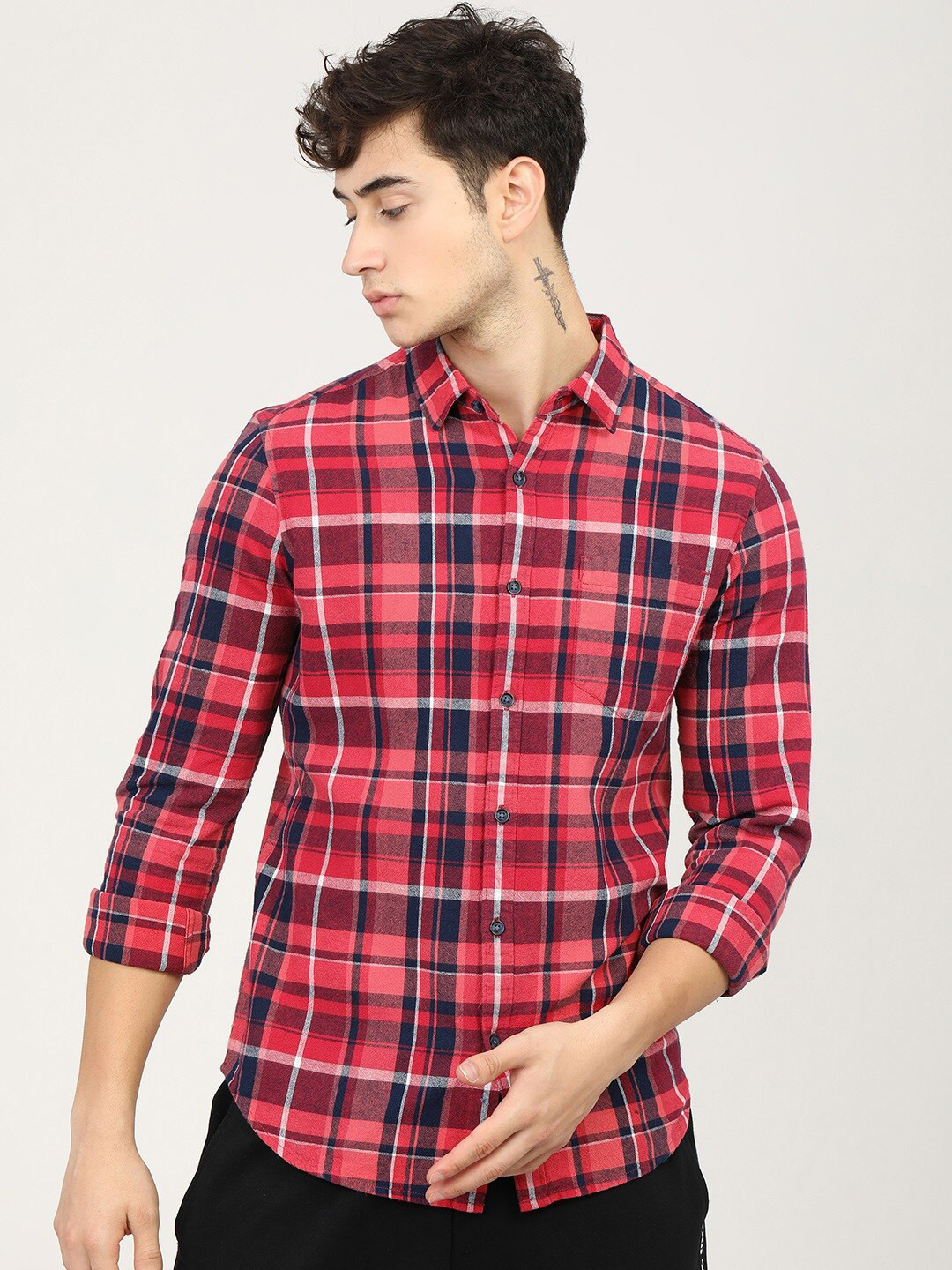 HIGHLANDER Men Pink Slim Fit Tartan Checks Opaque Checked Casual Shirt